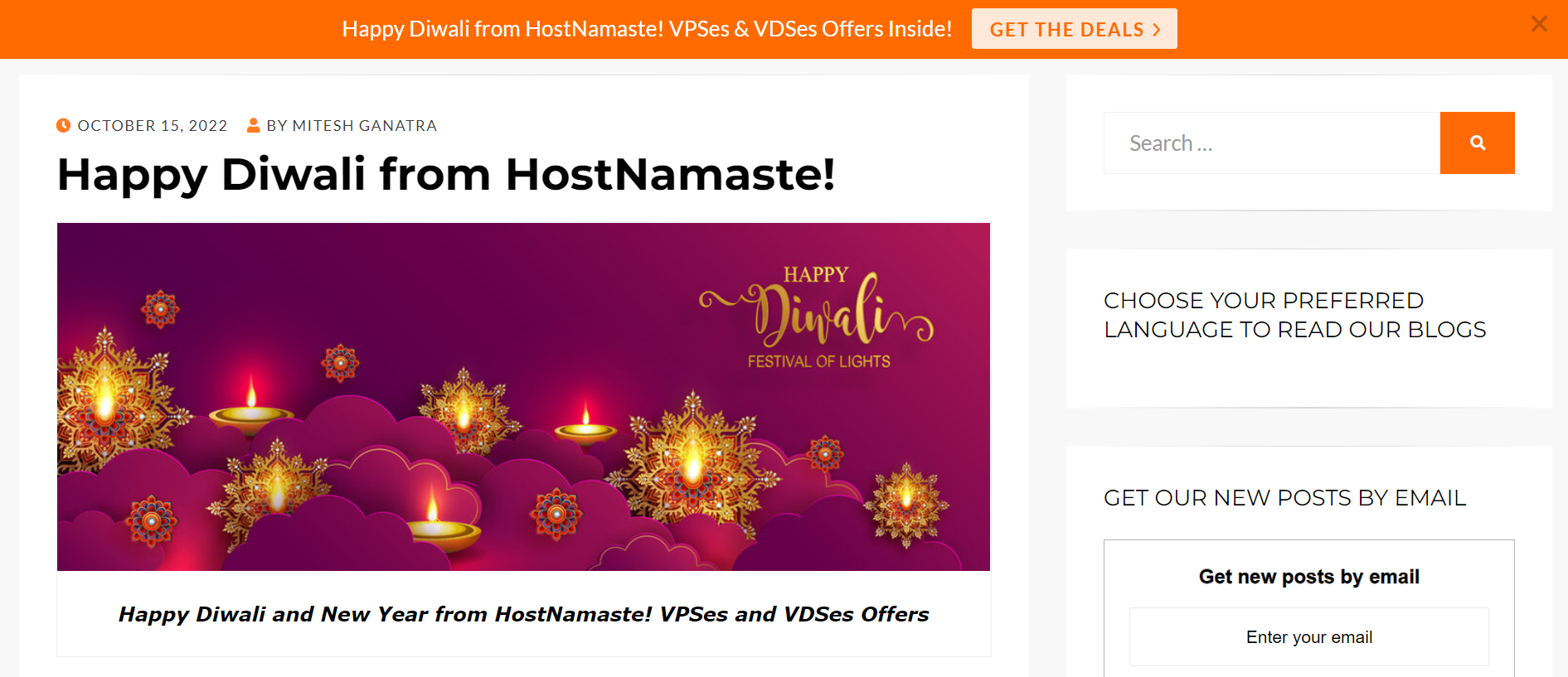 HostNamaste-仅20美元/年起，印度排灯节VPS/VDS优惠促销，可选美国/法国/加拿大，支持支付宝